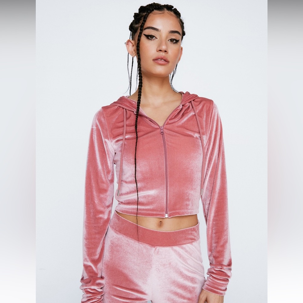 Velour cropped zip up hoodie (pink) Size: US 6